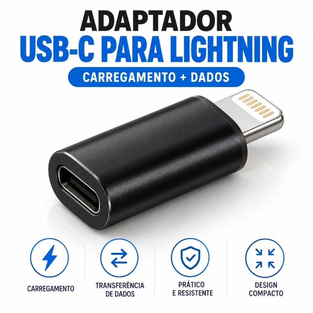Adaptador USB-C Fêmea para Lightning Compatível iPhone iPad Carregamento e Dados Tipo C para Lightning Preto