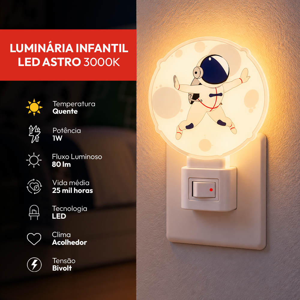Luminária Mini Abajur Luz Noturna 1w 3000k Astronauta, Bola, Besourinho e Corujinha Avant