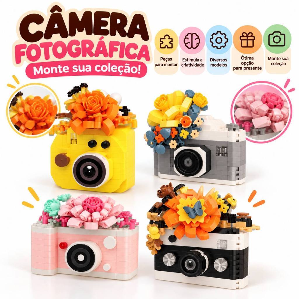 Câmera Fotográfica Blocos de Montar Flores 4 Modelos Brinquedo Criativo Decoração Presente