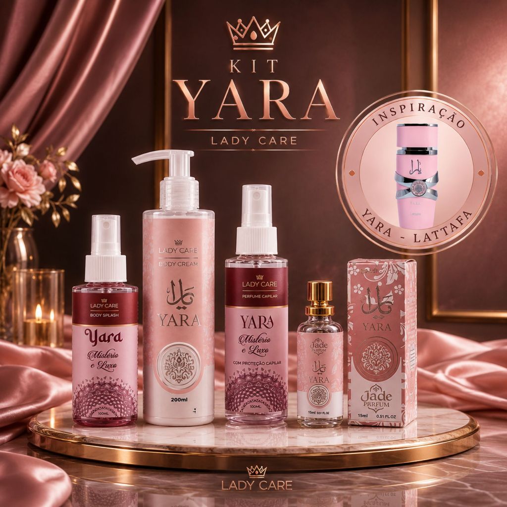 Kit Yara Feminino Completo Perfume Árabe Doce | Body Splash Hidratante Corporal Perfume Capilar + Perfume 15ml Presente