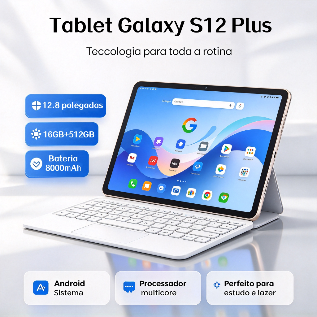 【Teclado e mouse gratuitos】Tablet Galaxy S12 Plus 12,8 polegadas, 16GB + 512 GB, bateria de 12000 mAh, HD, Android 15