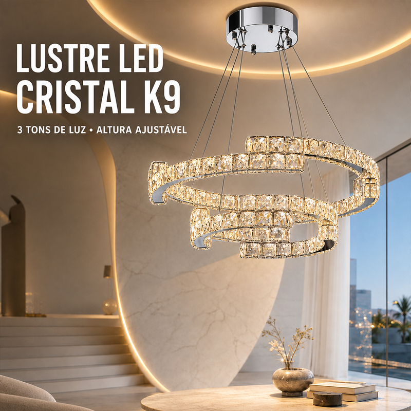 Lustre Pendente LED Cristal K9 2 Anéis 60+40cm 3 Tons Dimerizável Controle Remoto Bivolt