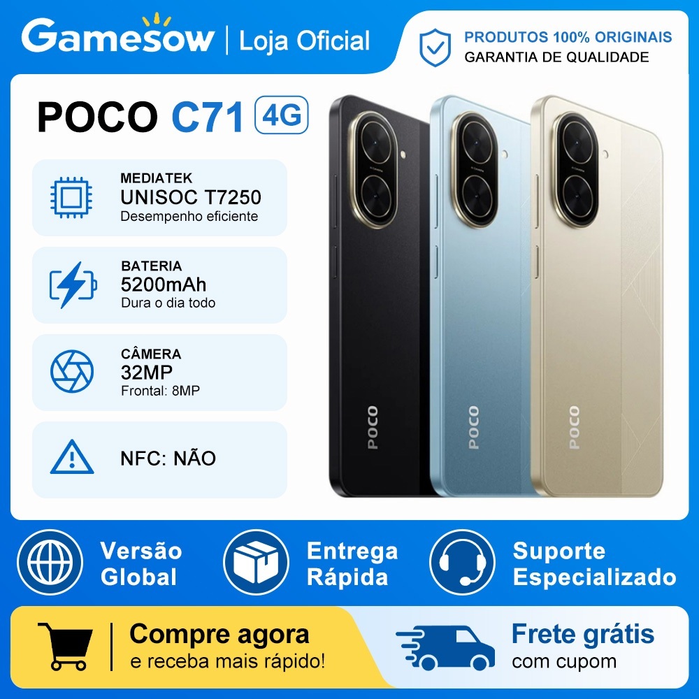 Xiaomi Poco C71 4G 64GB+3GB RAM, 128GB+4GB RAM, Processador UNISOC T7250, Câmera 32 MP, Bateria 5200mAh,, Versão Global