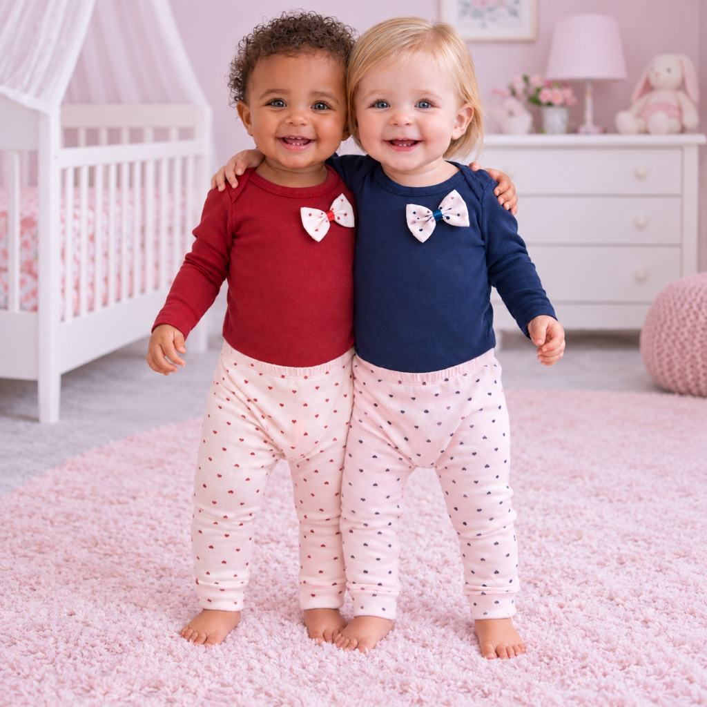 Conjunto Bebê Menina Body Manga Longa com Lacinho + Calça Estampada | 100% Algodão | Flor de Maçã