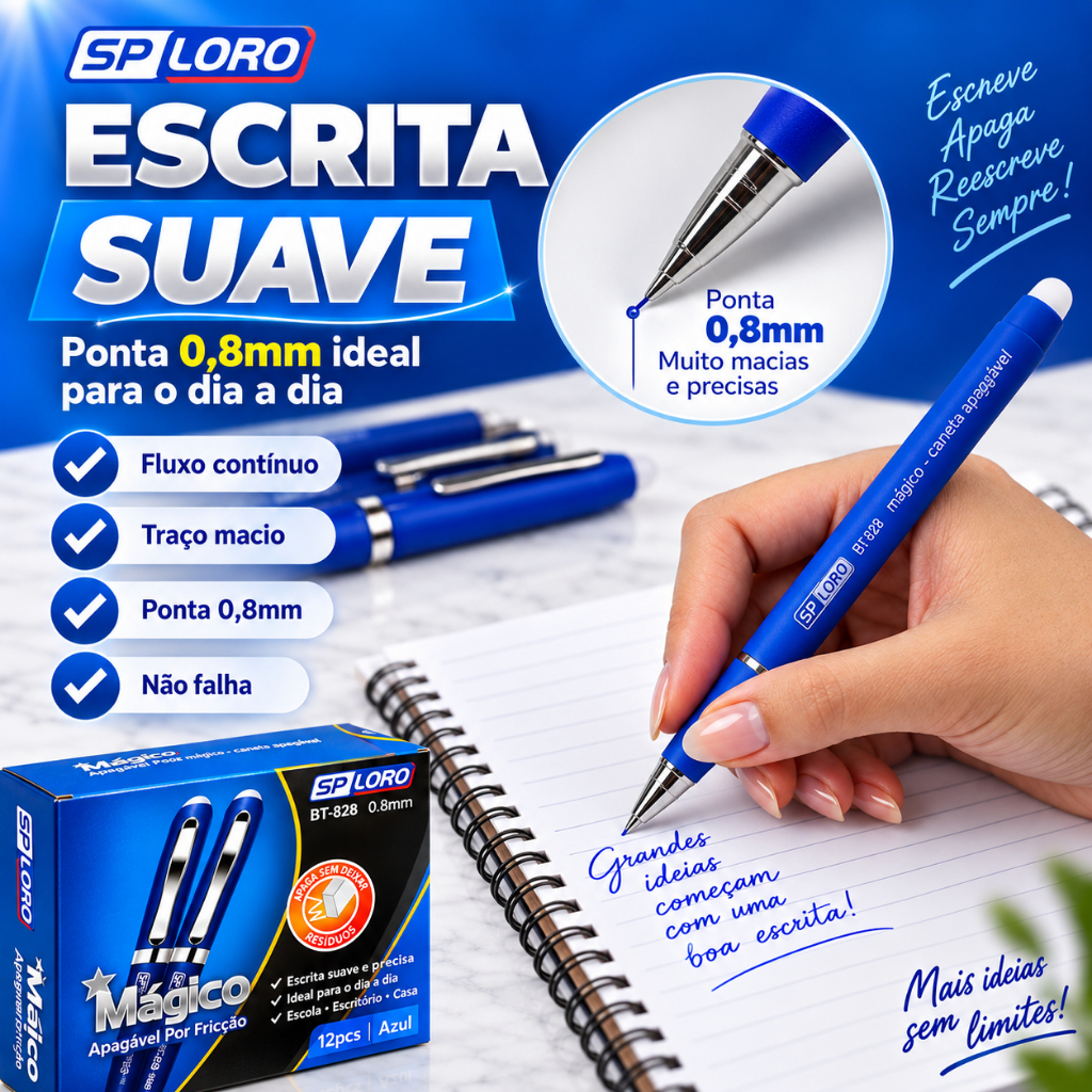 Kit Caneta Apagável Mágica 0,8mm SP LORO Azul/Preta Material Escolar Papelaria · foto 2
