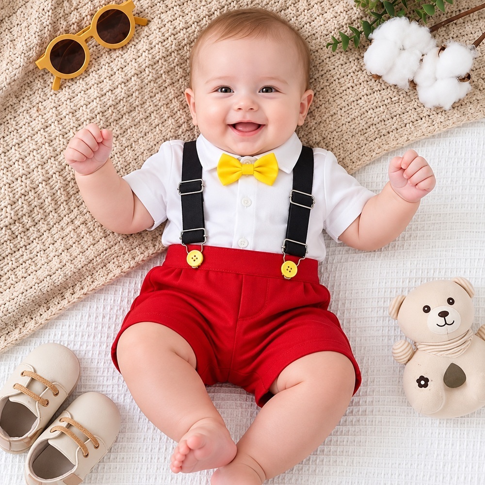 Conjunto Social Infantil Menino Tematico Suspensorio Mickey Mesversário Bebe RN a 06 Meses
