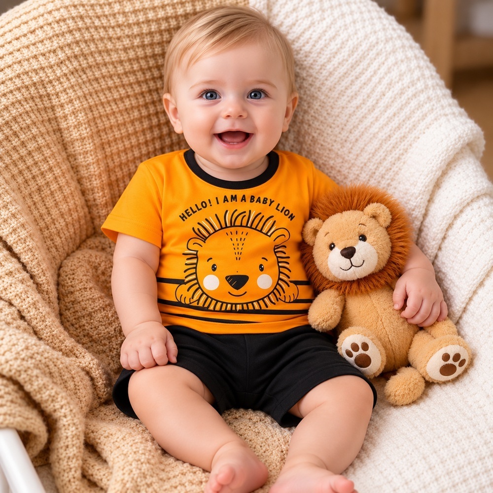 Conjunto Bebê Menino Camiseta e Bermuda Estampa Leão – Conforto e Estilo Veste RN a 03 Meses
