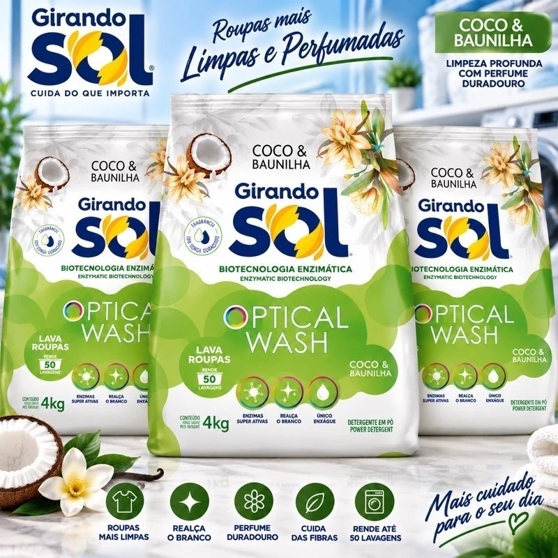 Sabão em Pó 4Kg - Girando Sol-Coco Baunilha Pacote Econômico Perfumado Lava Roupas Rende 50 Lavagens