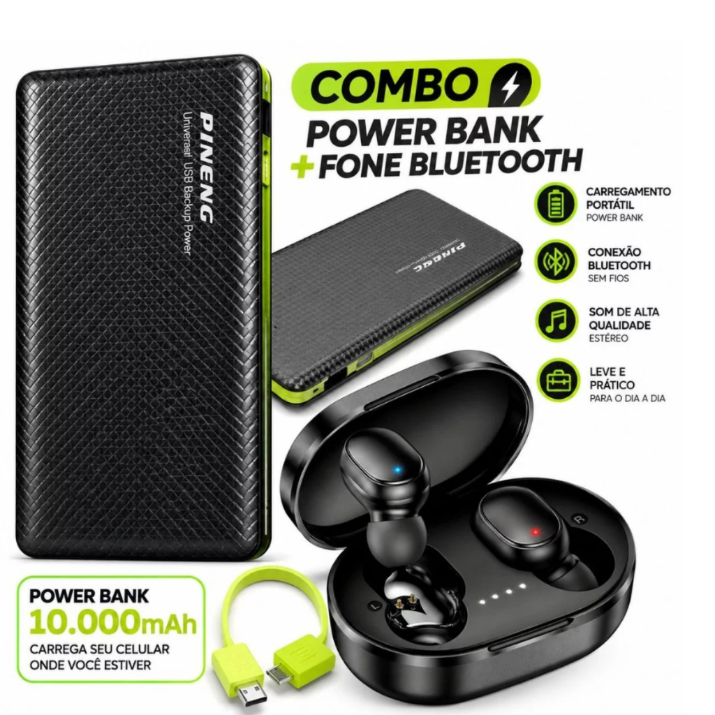 Kit Power Bank 10000mAh + Fone Bluetooth TWS Sem Fio Carregador Portátil para Celular Android iPhone