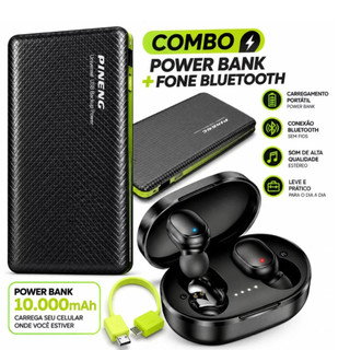 Kit Power Bank 10000mAh + Fone Bluetooth TWS Sem Fio Carregador Portátil para Celular Android iPhone