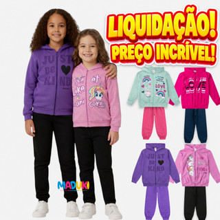 Kit 6 Peças Moletom Jaqueta com Capuz e Zíper e Calça Feminino Infantil Menina Inverno
