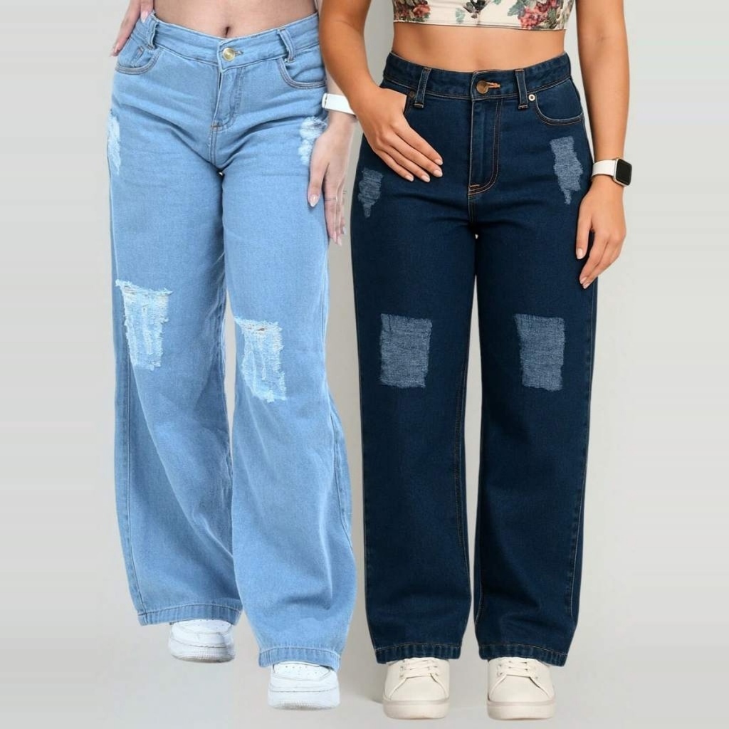 Calça Jeans Street Infantil Juvenil Wide Leg Feminina Pantalona Boca Larga