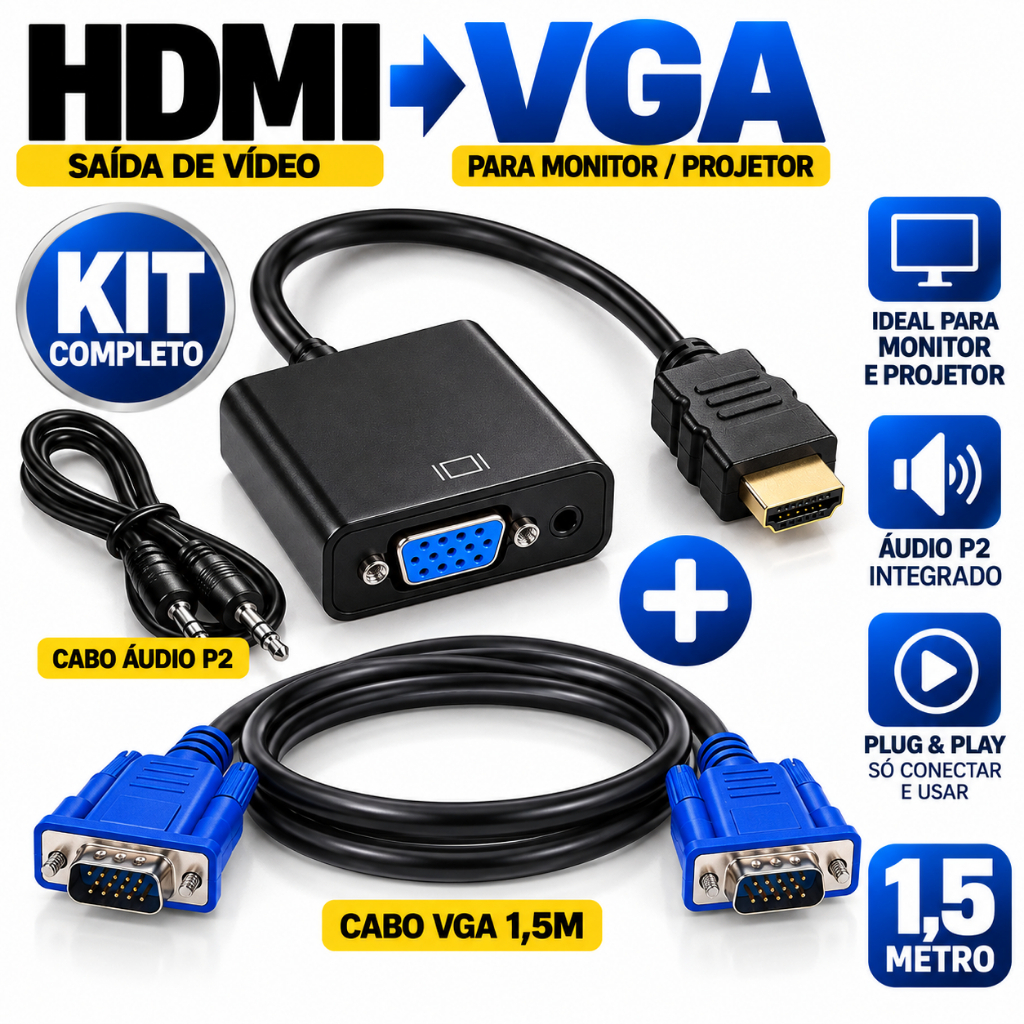 Cabo Conversor HDMI para VGA com Áudio P2 1,5m Adaptador HDMI x VGA Full HD PC Notebook Monitor TV Projetor
