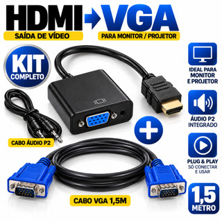 Cabo Conversor HDMI para VGA com Áudio P2 1,5m Adaptador HDMI x VGA Full HD PC Notebook Monitor TV Projetor