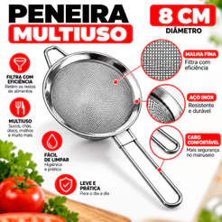 Peneira de Cozinha Aço Inox Malha Fina 8 10 12cm | Unidade ou Kit com 3