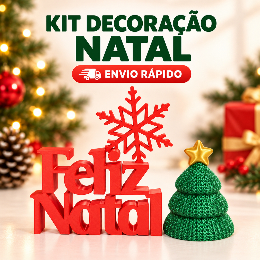 Kit Decoração de Natal Feliz Natal + Mini Pinheiro com Estrela Dourada efeito Tricô Enfeite de Mesa Natalino
