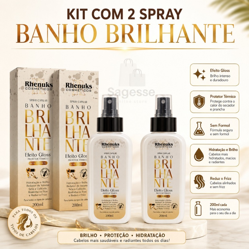 Kit 2 Spray Capilar Banho Brilhante Efeito Gloss Sela a Cutícula 200ml CADA Rhenuks