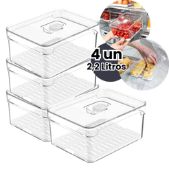 Kit 4 Organizador Geladeira 2,2 Litros de Acrílico Empilhável Bandeja Frutas Legumes Transparente