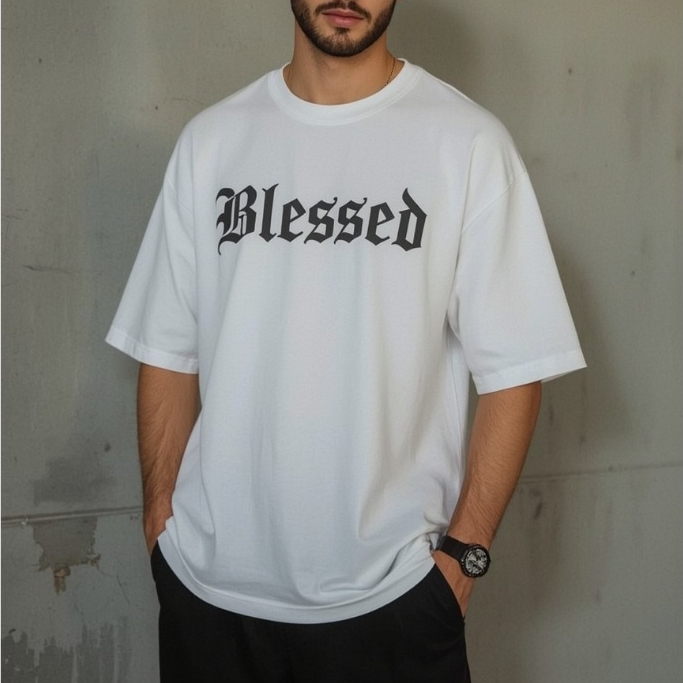 Camiseta Oversized Masculina Blessed Estampada Streetwear Moda Casual 100% Algodão
