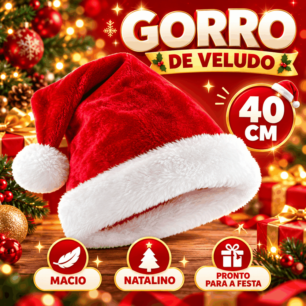 Gorro Papai Noel Veludo Elegância Vermelho 40cm Touca Natal Premium