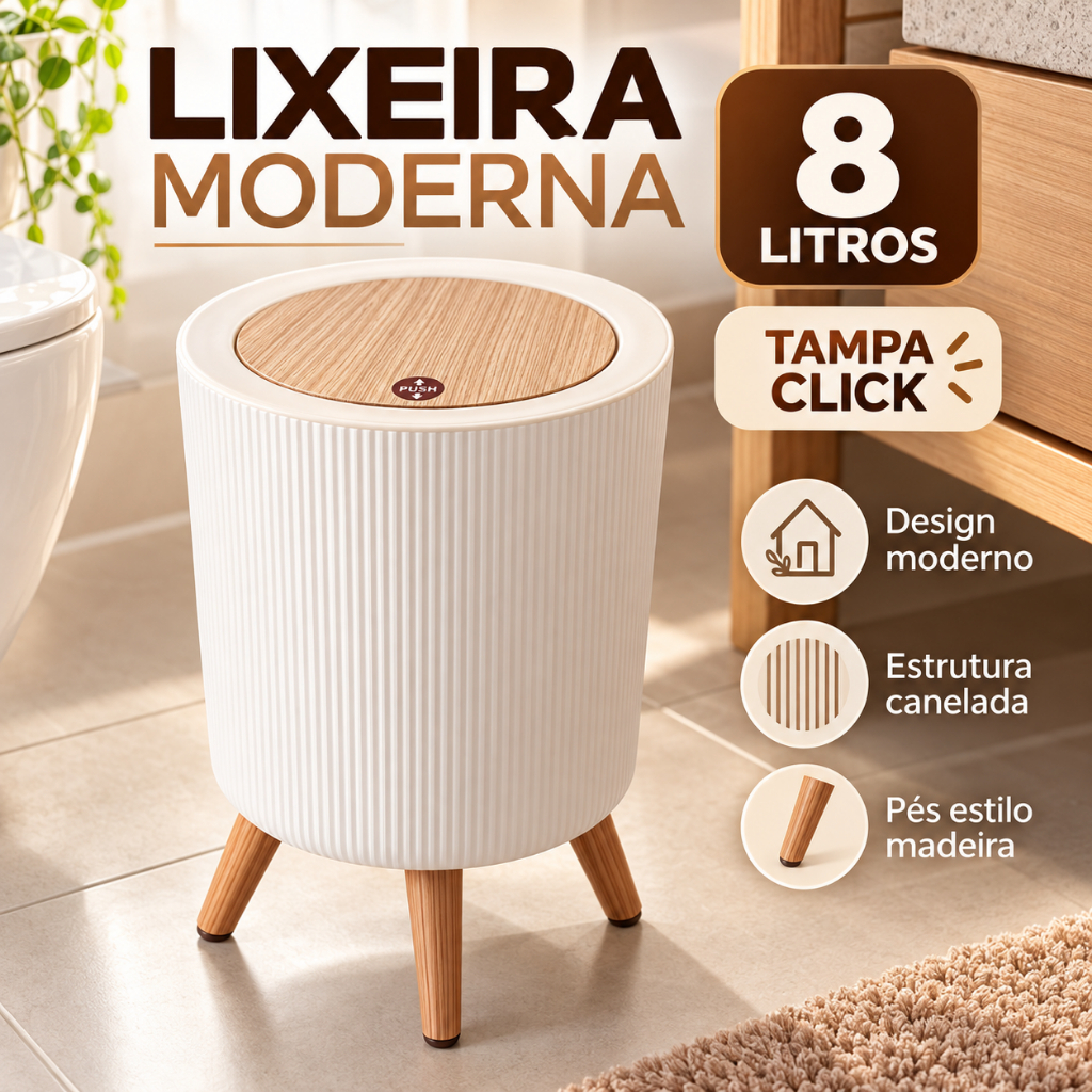 Lixeira 8 Litros Tampa Click Pé de Madeira Canelada Retrô para Banheiro Lavabo Quarto Escritório