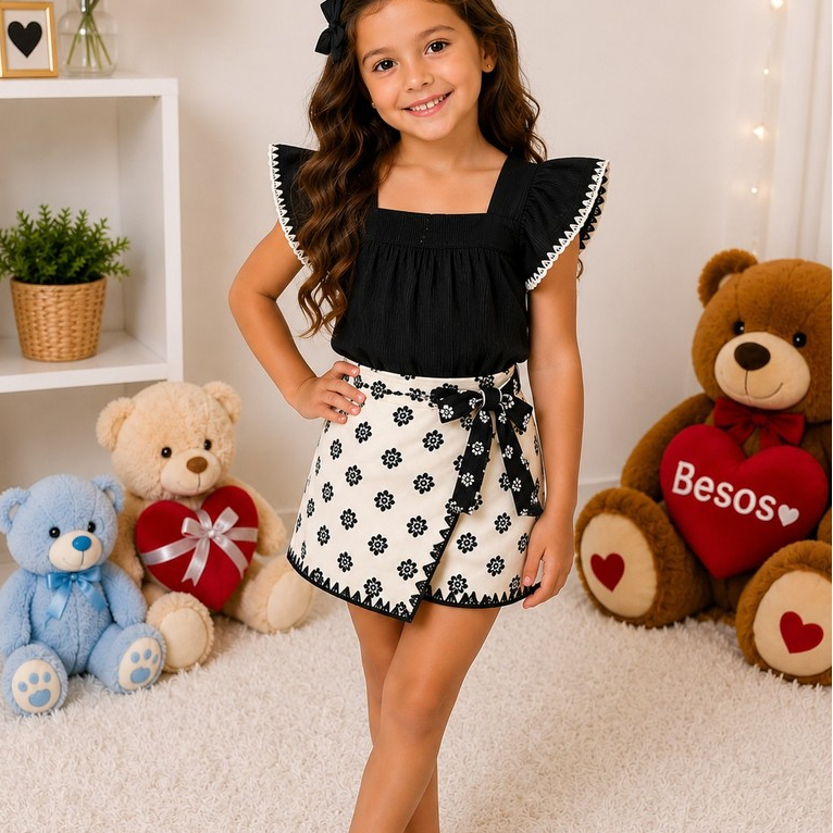 CONJUNTO INFANTIL FEMININO BABADOS BORDADOS E SHORT SAIA ESTAMPADO – 100% ALGODÃO