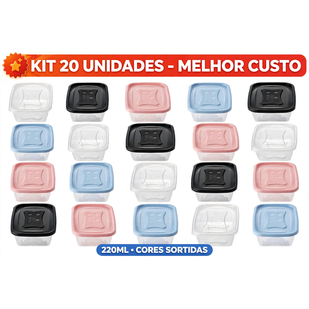 Kit 20 Potes 220ml Retangular Com Tampa Preta Rosa Azul Transparente - Micro-ondas e Freezer