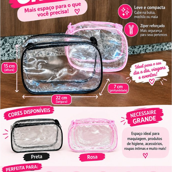 Kit 1 a 5 Necessaire Transparente Brinde Lembrancinha Festa Eventos Organizadora de Bolsas Maternidade Viagens