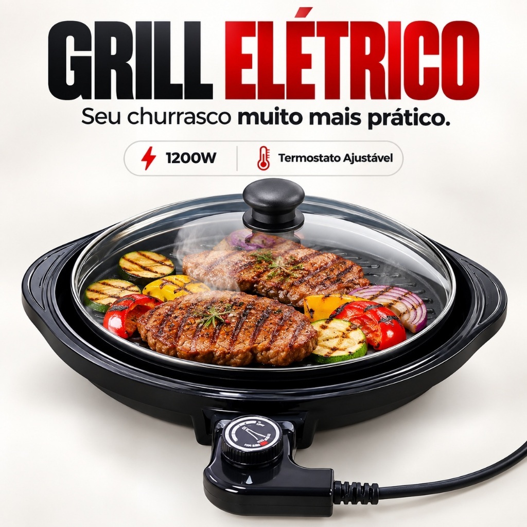 Churrasqueira Elétrica Grill Redondo 1200W 220V Antiaderente com Tampa e Termostato Ajustável Preto