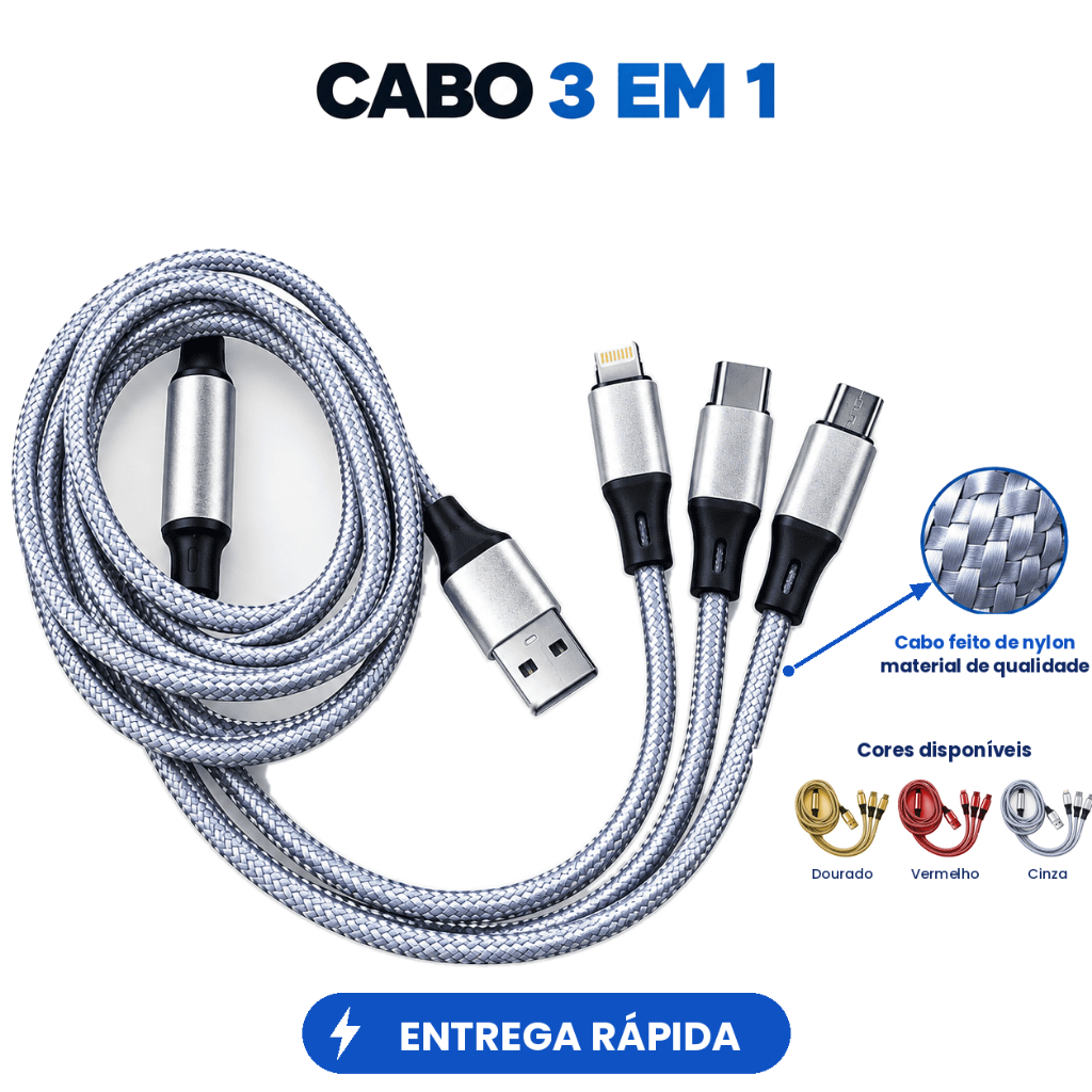 Cabo Carregador 3 em 1 USB 1,2m Trançado Nylon Fast Charge USB-C Lightning Micro USB