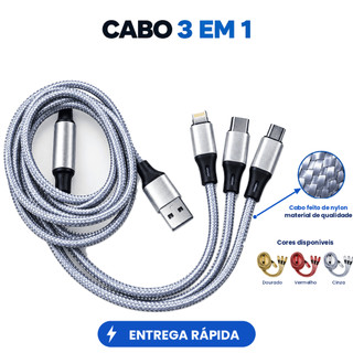 Cabo Carregador 3 em 1 USB 1,2m Trançado Nylon Fast Charge USB-C Lightning Micro USB