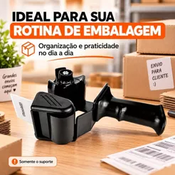 Suporte para Fita Adesiva Durex de Mão Plástico Preto Aplicador para Embalagem Caixa VMP Planeta