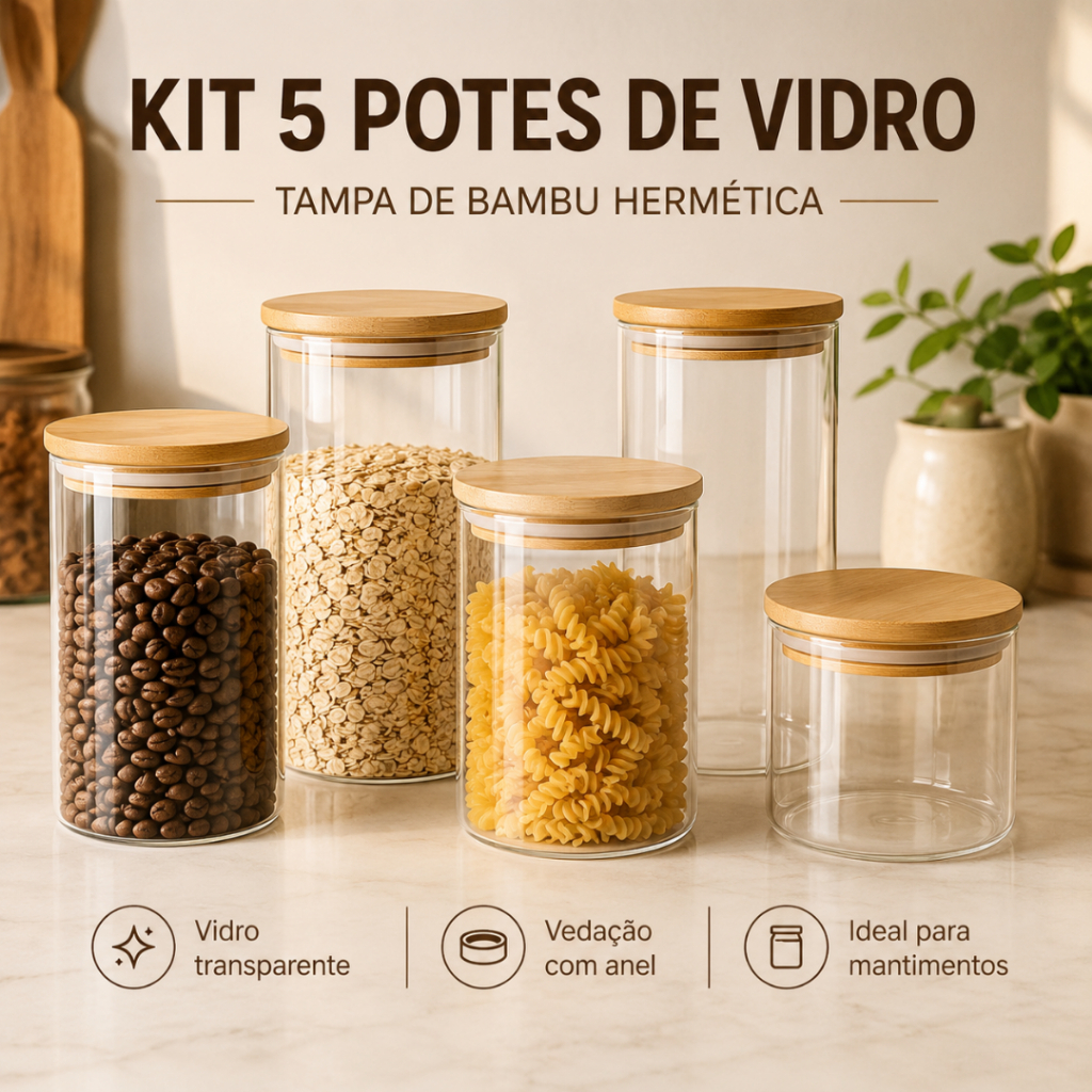 Kit 5 Potes De Vidro Herméticos Tampa Bambu Bacana Decor Porta Alimentos Mantimentos Temperos Redondo