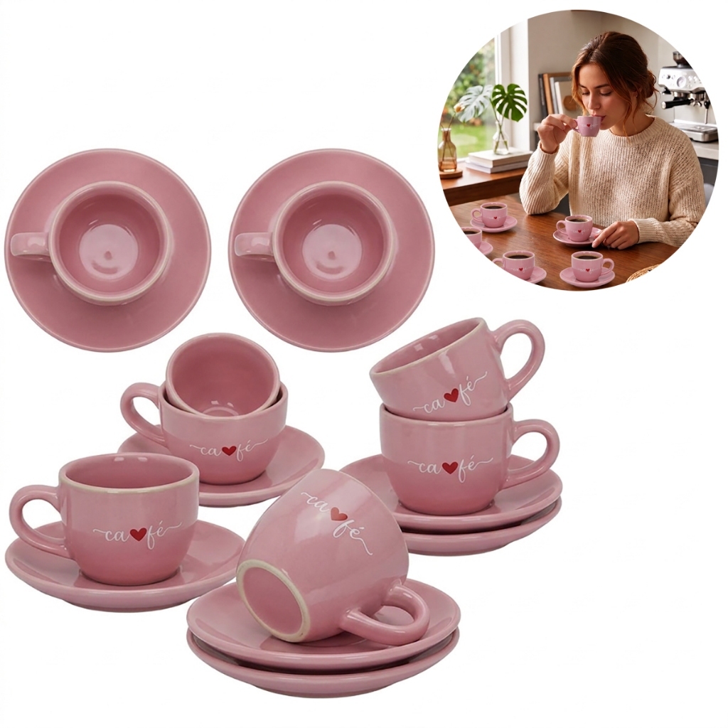 Jogo 6 Xícaras De Café Com Pires Rosa Veneza 90ml Rosa Coração