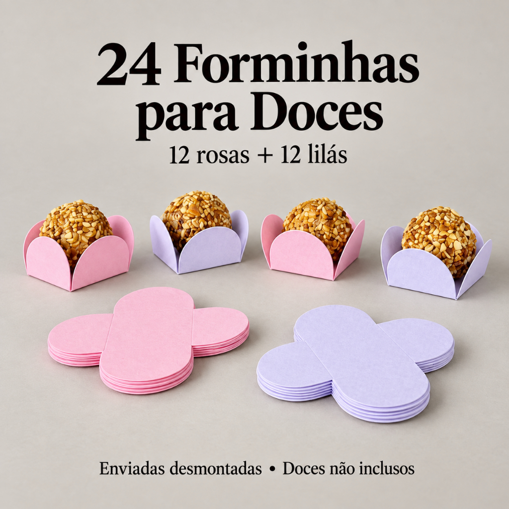 24 Forminhas para Doces 4 Pétalas | Forminhas para Doces Rosa e Lilás | Chá de Bebê Menina | Forminhas para Brigadeiro
