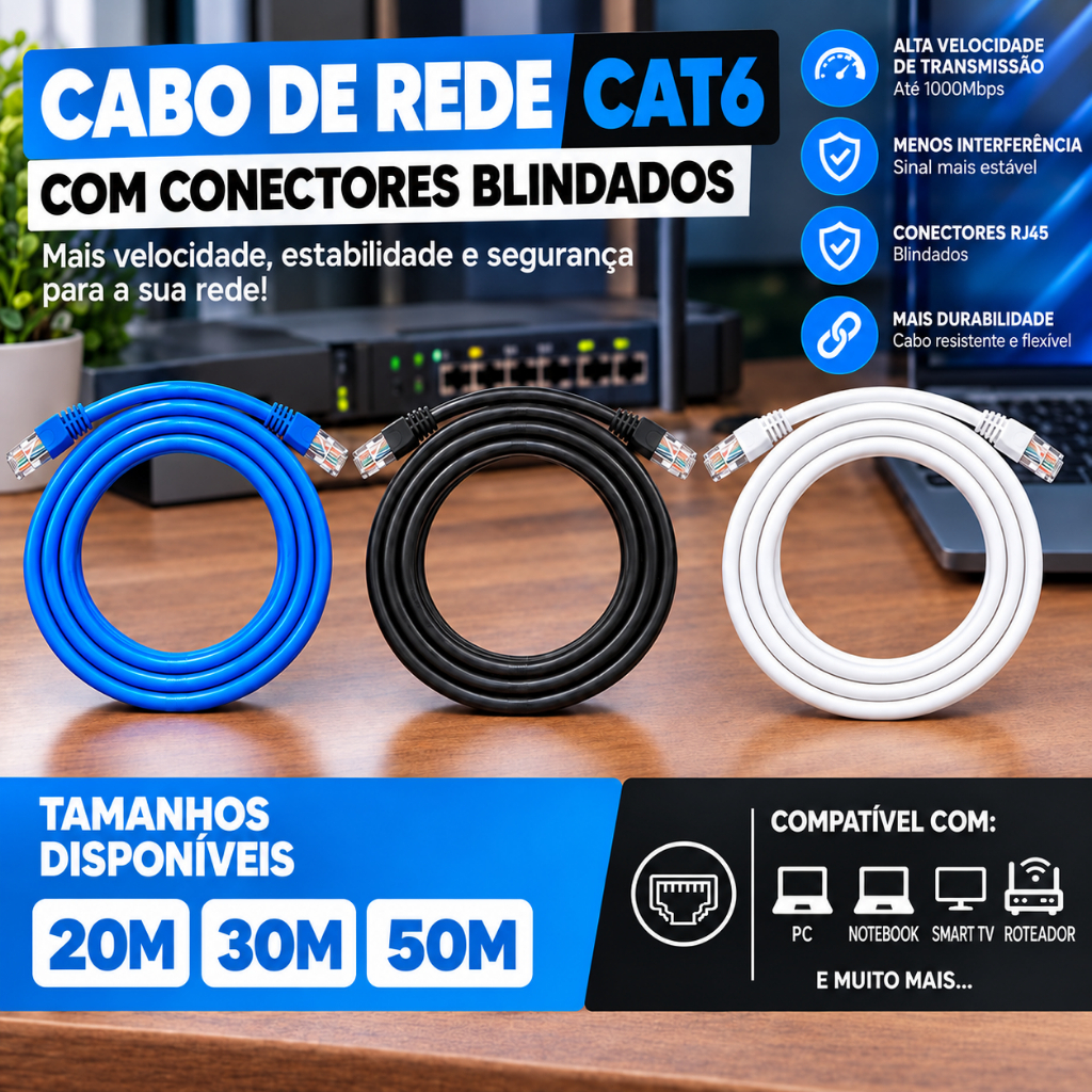 Cabo de Rede Cat6 Blindado Crimpado Azul Preto Branco 20m 30m 50m