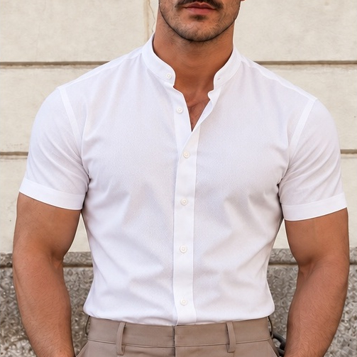 Camisa Social Masculina Gola Padre de Luxo Com Manga Curta Slim Fit Linho e Viscose Tecido Premium