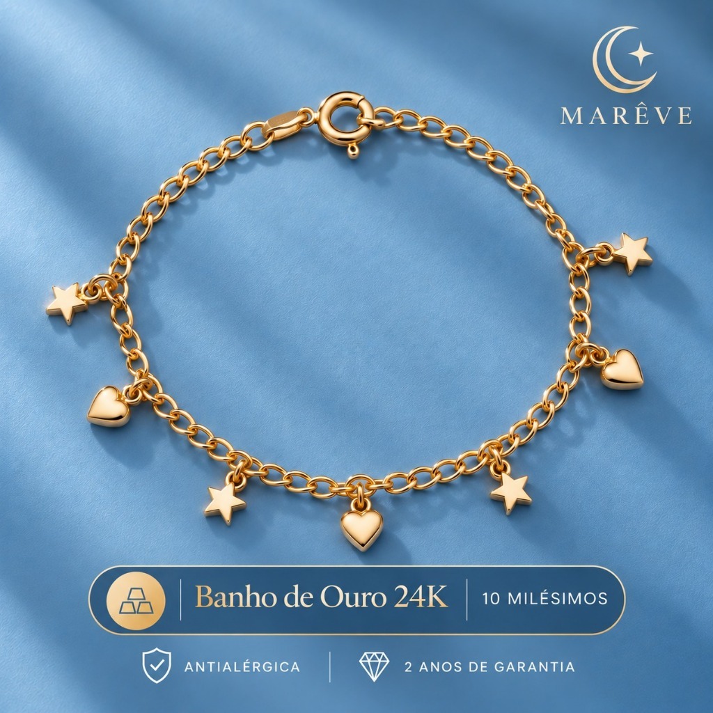 Pulseira com Pingentes Coração e Estrela Feminina Banhada a Ouro 24K Semijoia