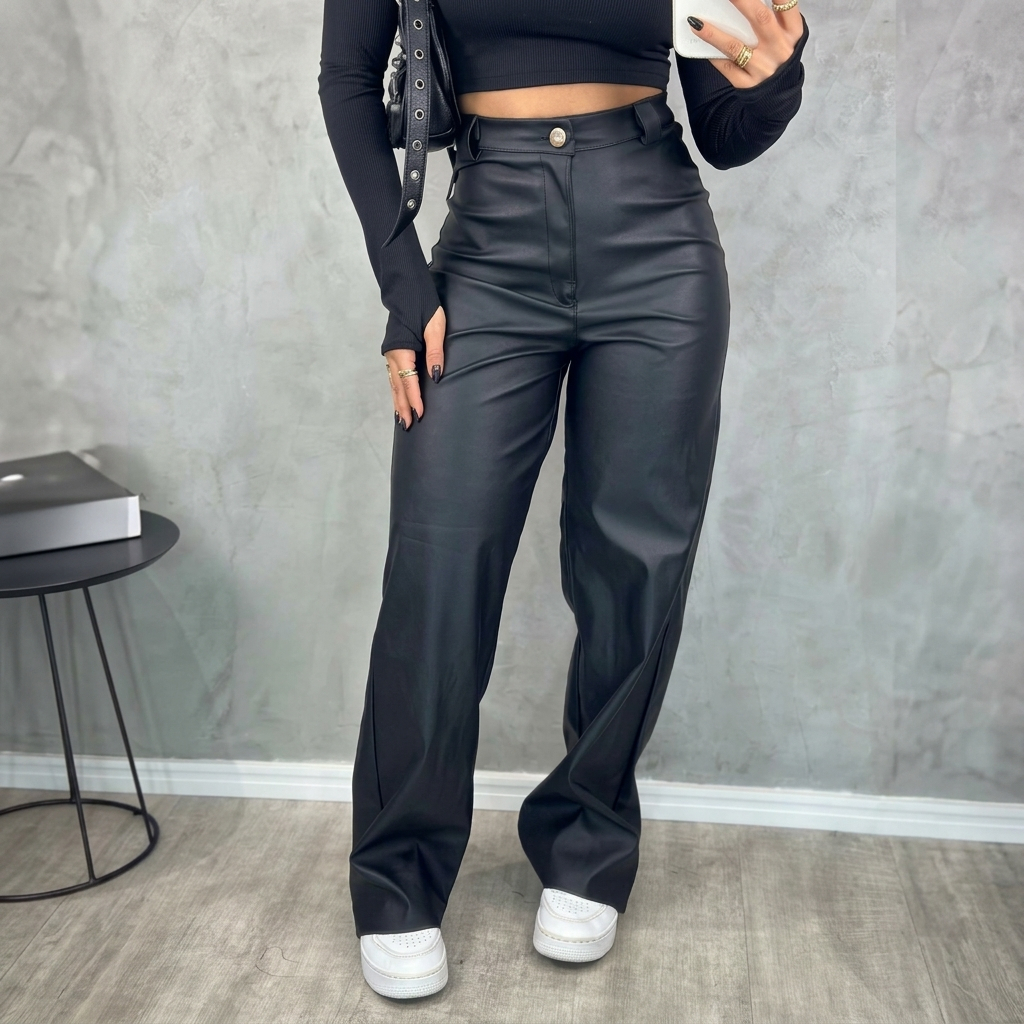 Calça Couro Fake Wide Leg Pantalona Feminina Preta PU Sintético Ziper Botão Bolso PROMOÇÃO
