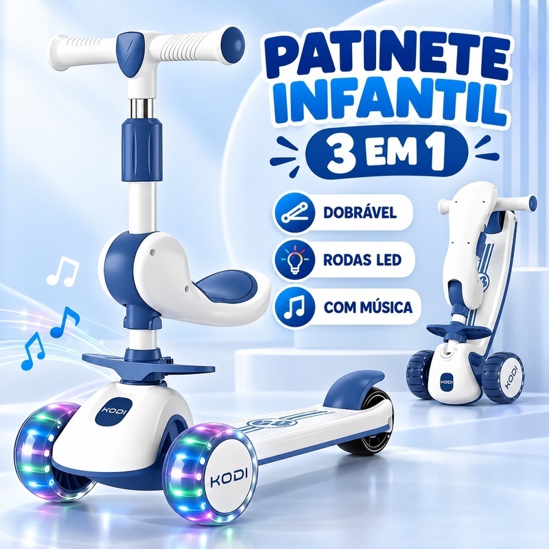 Patinete infantil dobrável 3 em 1 Assento e removível com LED e música suporta até 60 kg