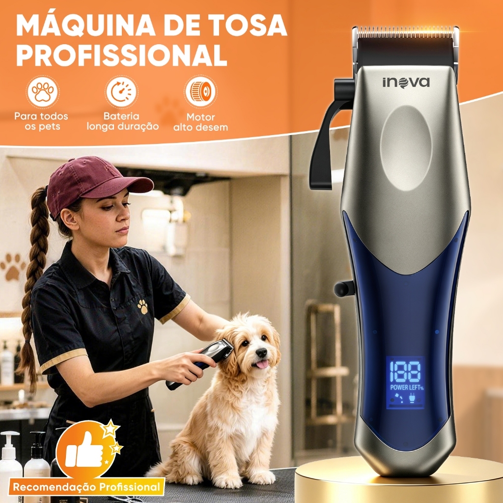 INOVA Máquina de Tosa Pet Profissional Sem Fio Recarregável LCD 6 Pentes Aparador de Pelos para Cães e Gatos