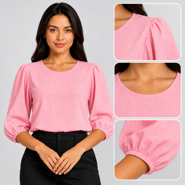 Blusa Feminina Manga 3/4 Gola Redonda Tecido Duna Soltinha Elegante Social Casual Trabalho Moda Evangélica – R&J