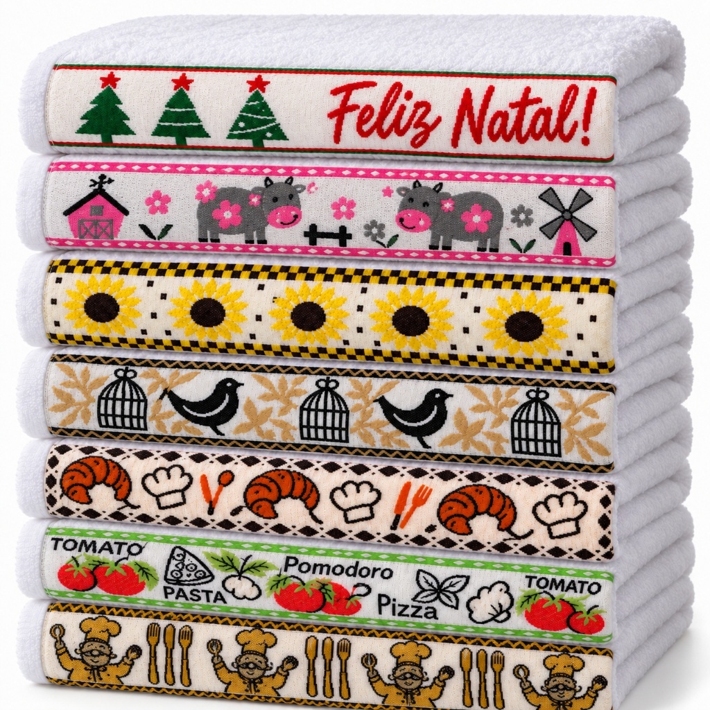 Kit Pano De Copa Jacquard Premium 100% Algodão 45x65cm Cozinha Desenhos Na Barra
