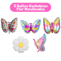 Balão Metalizado Borboletas e Flor 5 Unidades Jardim Encantado Decoração Festas Envio Imediato Top