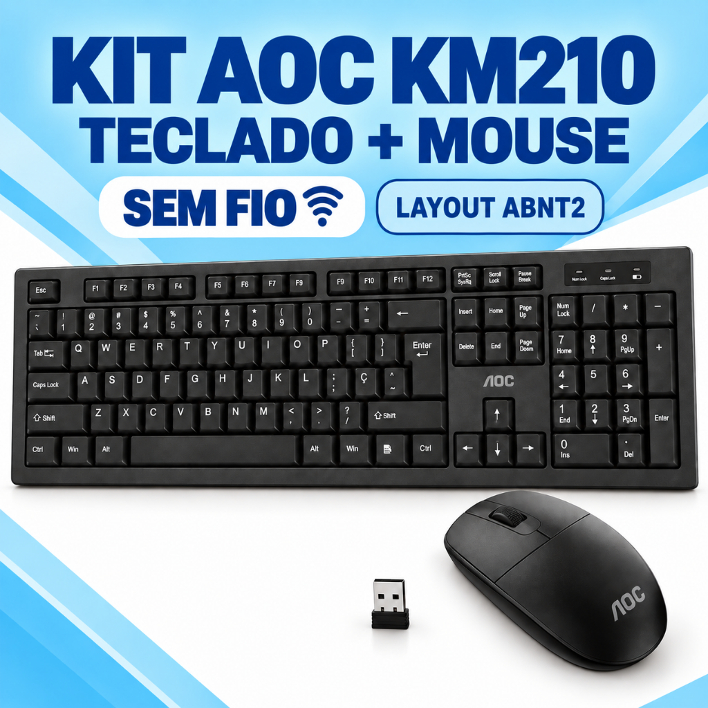 Kit Teclado e Mouse sem Fio 2.4ghz wireless Usb Layout Abnt2 Ç Trabalho Escritório Notebook Office Aoc Km210