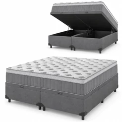 Cama Box Baú Casal Queen Colchão Molas Ensacadas Ômega 158x198x73cm Cinza / Branco Hellen