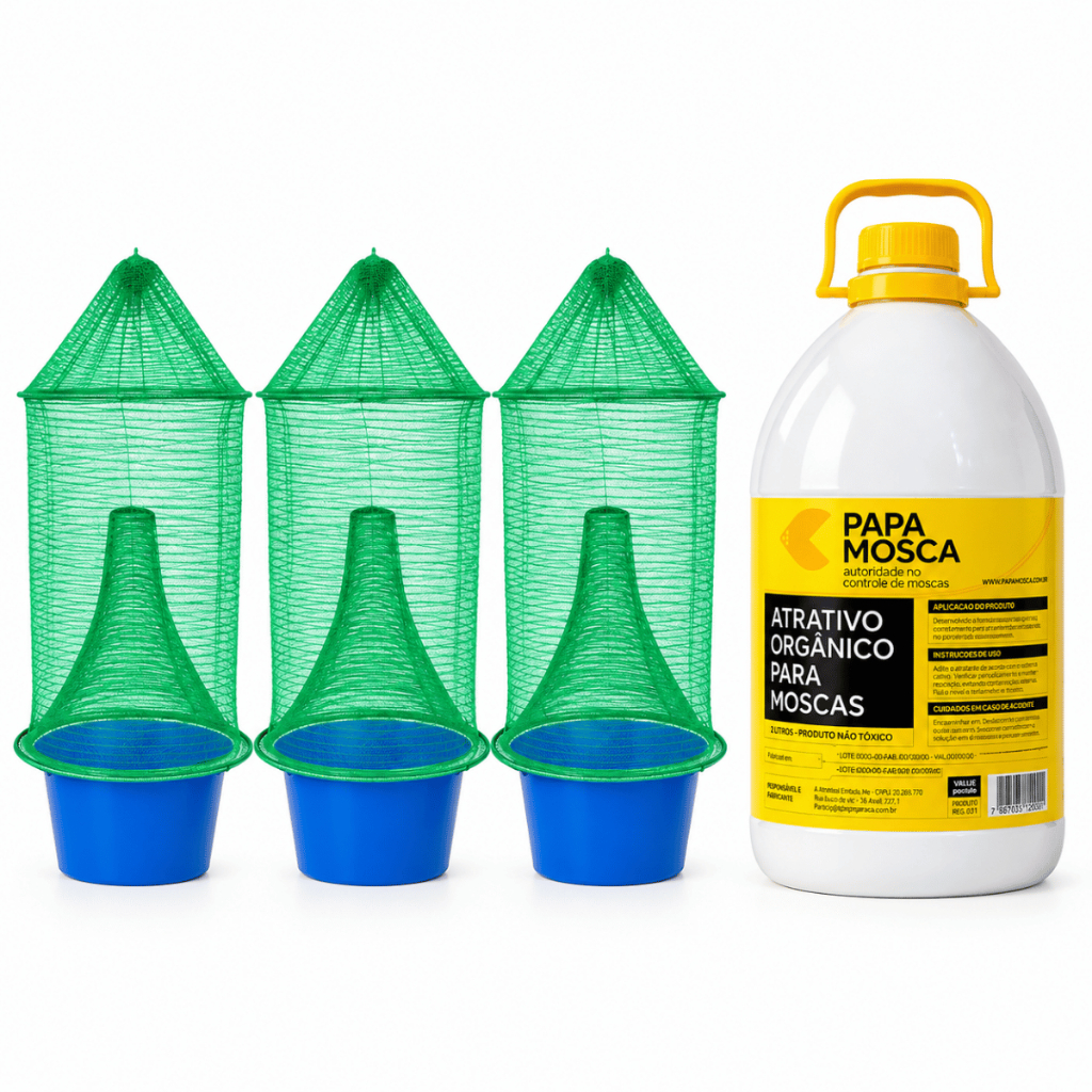 Kit 3 Armadilhas de Tela Papa Mosca + 1 Galão 5L Atrativo Natural Papa Mosca Controle Biológico Orgânico