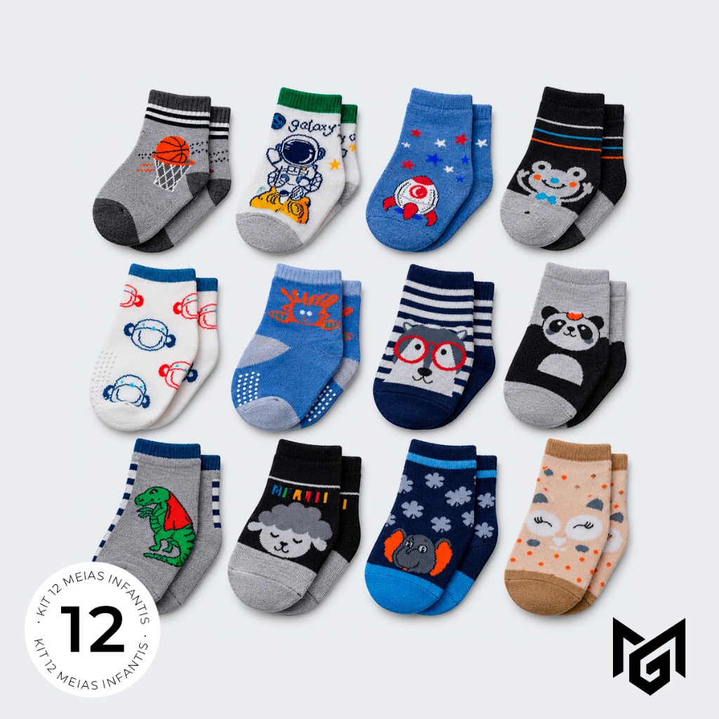 Kit 12 Pares Meias Infantil Masculina Menino Antiderrapante Cano Médio Não Escorrega Estampadas Sortidas