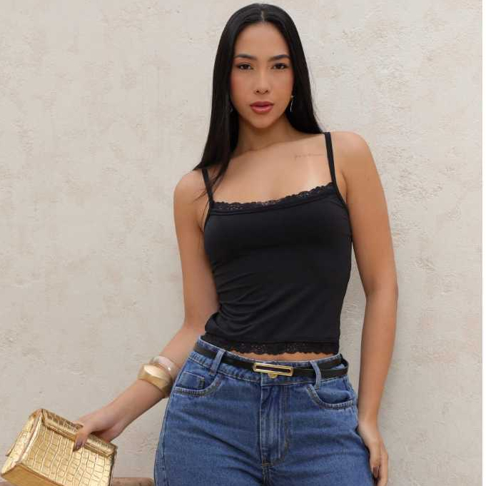Blusa Regata Alcinha Feminina Suplex com Acabamento em Rendaí