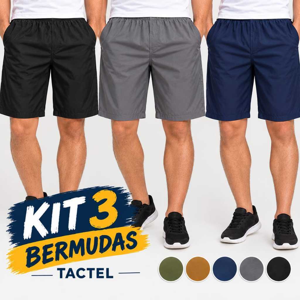 Kit 3 Bermudas Tactel com Elastano Shorts Masculino com Bolsos para Academia Praia Piscina Caminhada